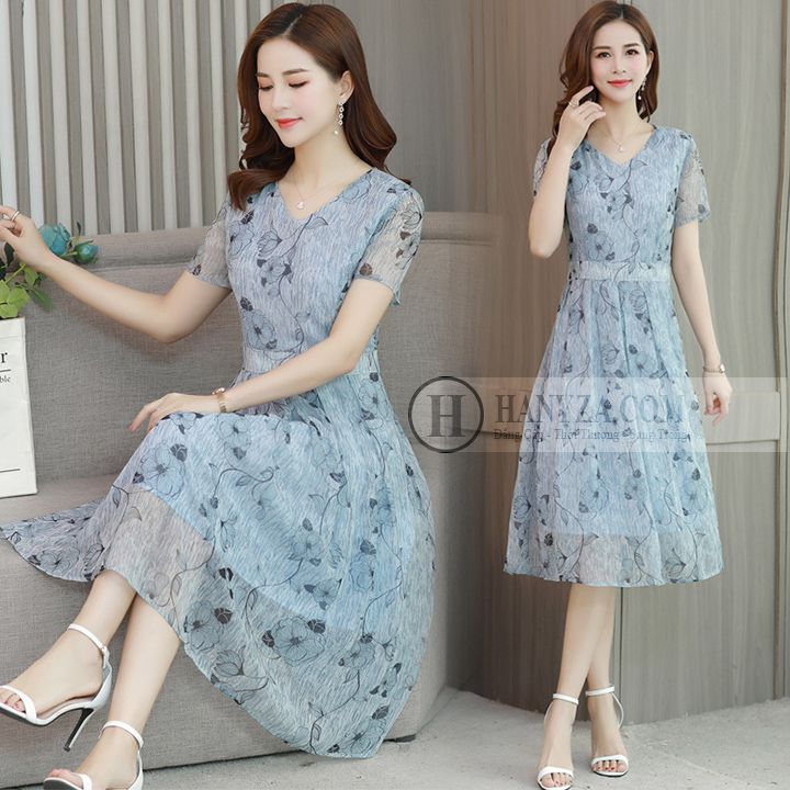 Váy voan trung niên nữ hai lớp in hoa