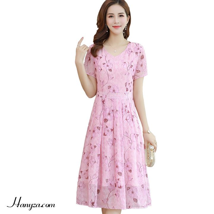 Váy voan trung niên nữ hai lớp in hoa
