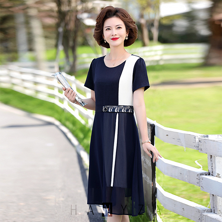 Váy nữ trung niên 2 lớp cổ tròn màu đối xứng