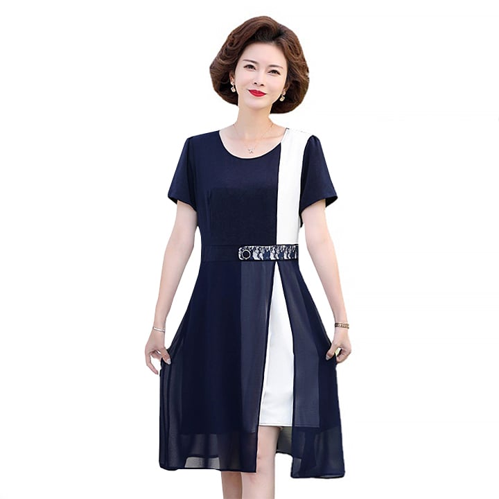 Váy nữ trung niên 2 lớp cổ tròn màu đối xứng