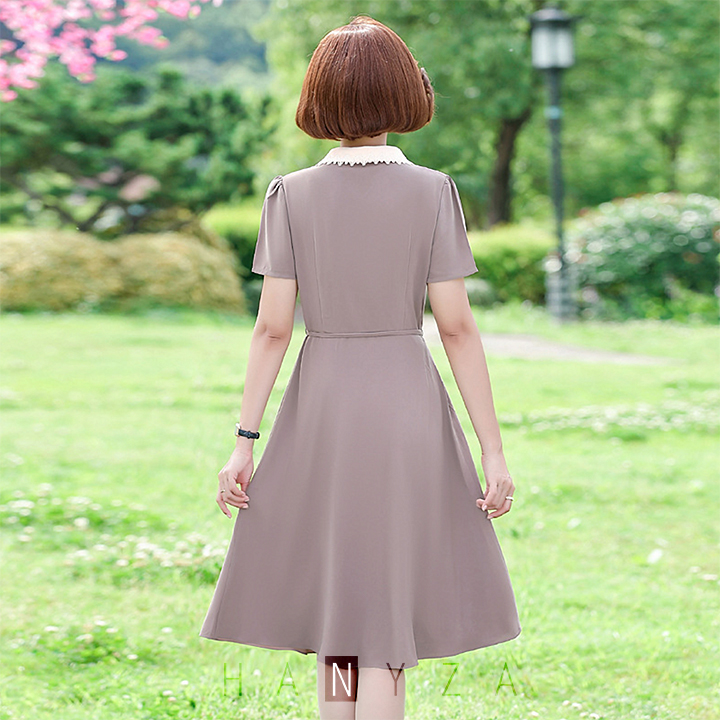 Váy trung niên nữ cổ sơ mi chiết eo lưng mỏng