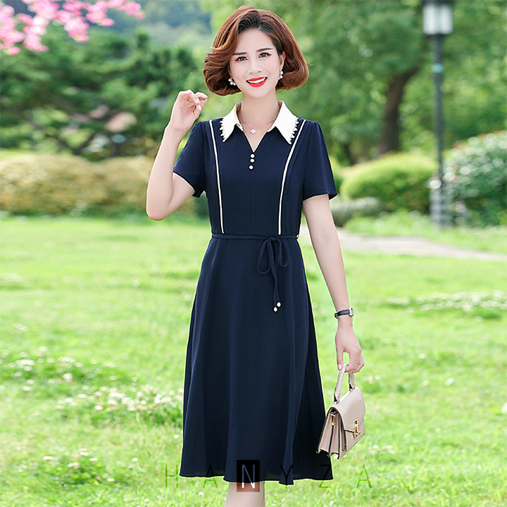 Váy trung niên nữ cổ sơ mi chiết eo lưng mỏng