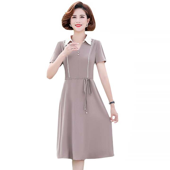 Váy trung niên nữ cổ sơ mi chiết eo lưng mỏng