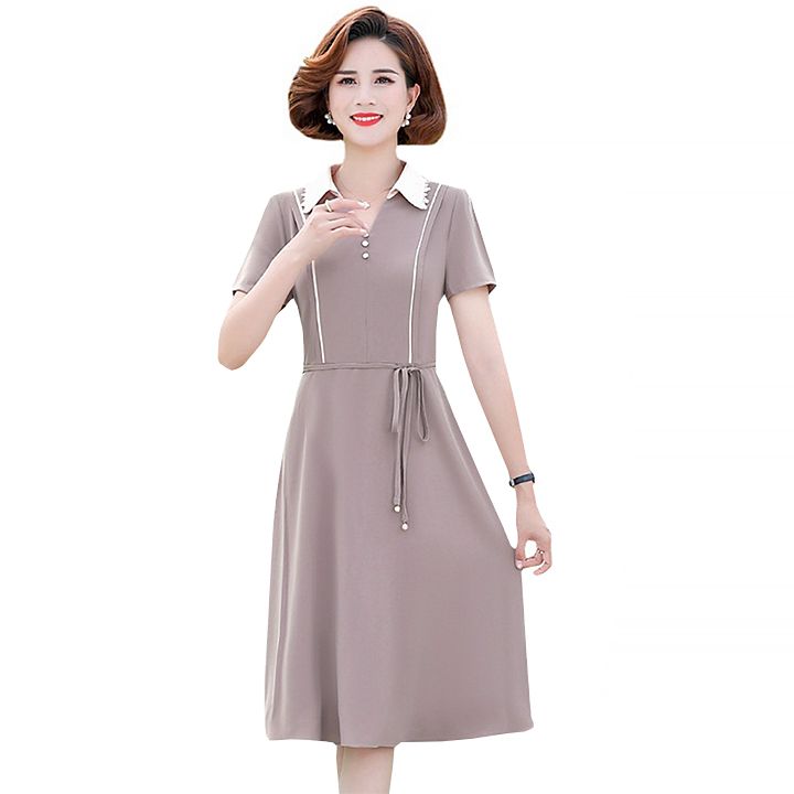 Váy trung niên nữ cổ sơ mi chiết eo lưng mỏng
