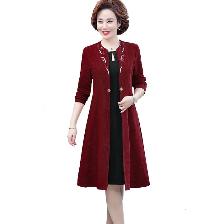 Set váy trung niên nữ dài tay cổ thêu hoạ tiết
