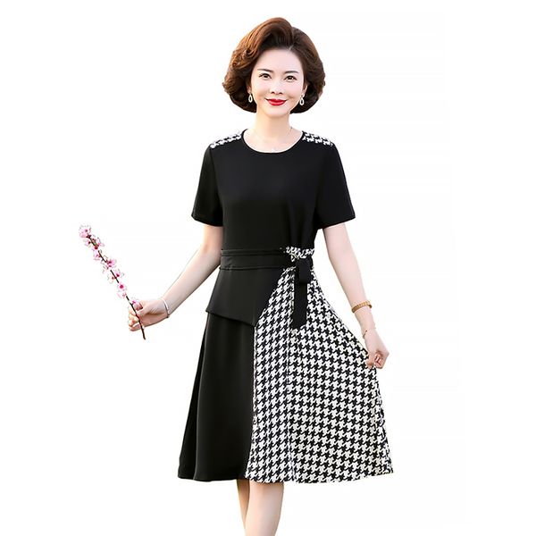 Váy trung niên nữ cổ tròn ôm eo phối màu đối lập