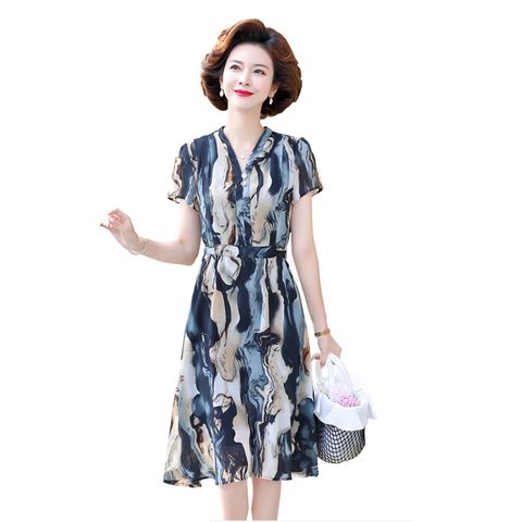 Váy voan trung niên nữ cổ chữ V hoạ tiết lạ