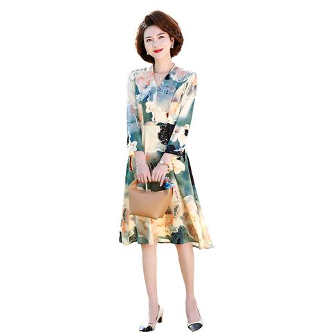 Váy voan trung niên nữ cổ chữ V tay lửng J2275