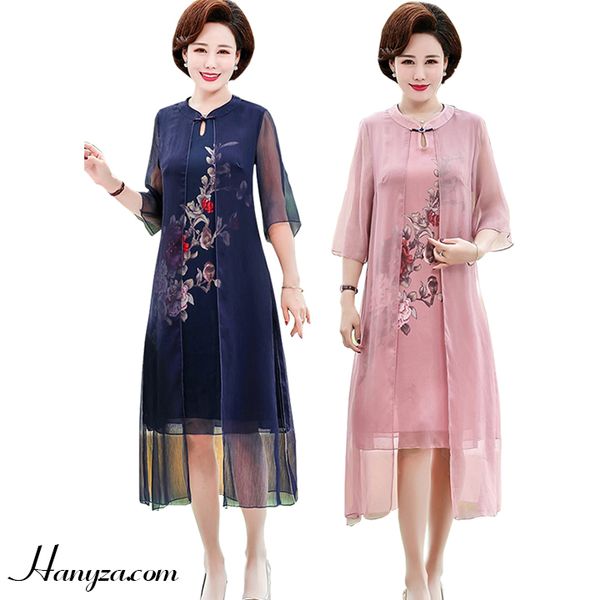 Váy voan trung niên tay lỡ in hoa hồng