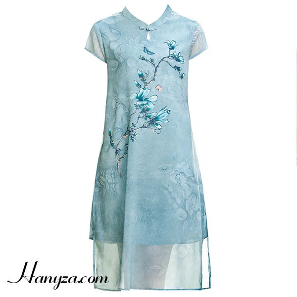Váy nữ trung niên cổ  tàu ngắn tay in hoa
