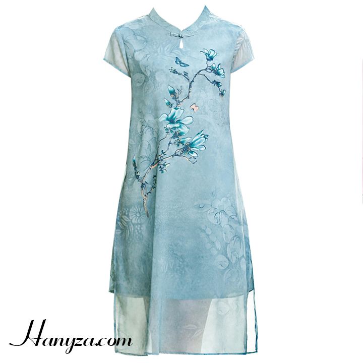Váy nữ trung niên cổ  tàu ngắn tay in hoa