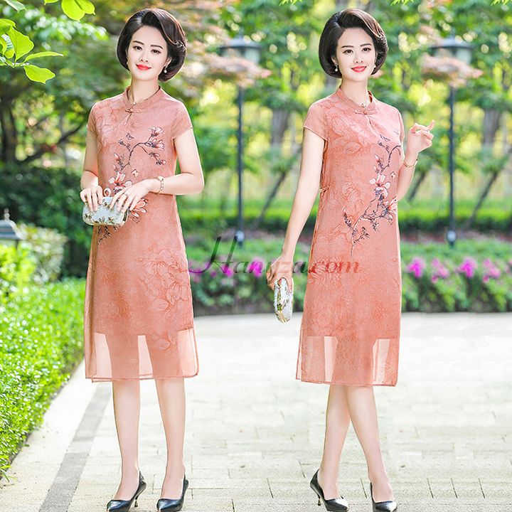 Váy nữ trung niên cổ  tàu ngắn tay in hoa