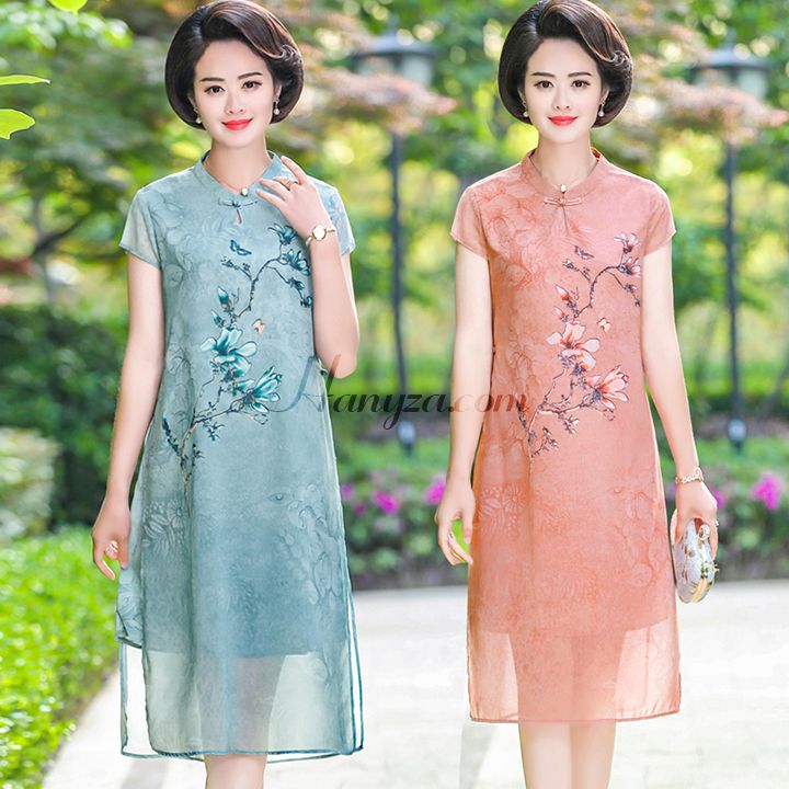 Váy nữ trung niên cổ  tàu ngắn tay in hoa