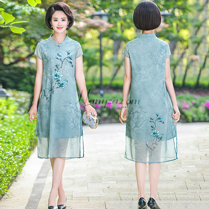 Váy nữ trung niên cổ  tàu ngắn tay in hoa