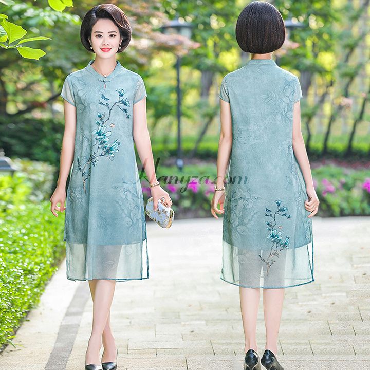 Váy nữ trung niên cổ  tàu ngắn tay in hoa