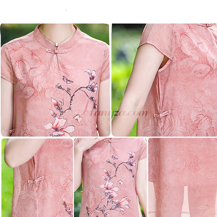 Váy nữ trung niên cổ  tàu ngắn tay in hoa