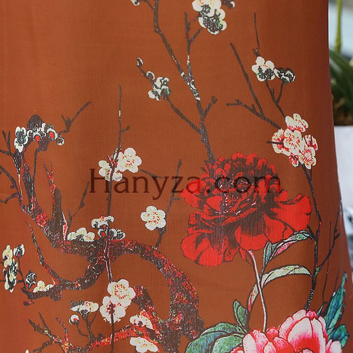 Váy nữ trung niên tay lữ in hoa mẫu đơn