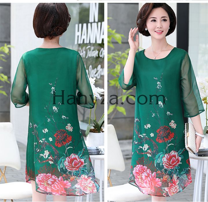 Váy nữ trung niên tay lữ in hoa mẫu đơn