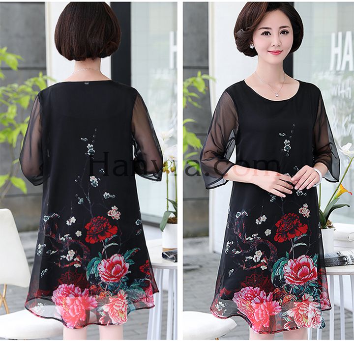 Váy nữ trung niên tay lữ in hoa mẫu đơn