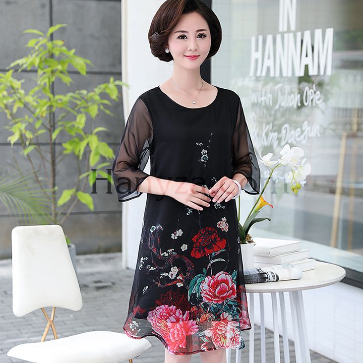 Váy nữ trung niên tay lữ in hoa mẫu đơn