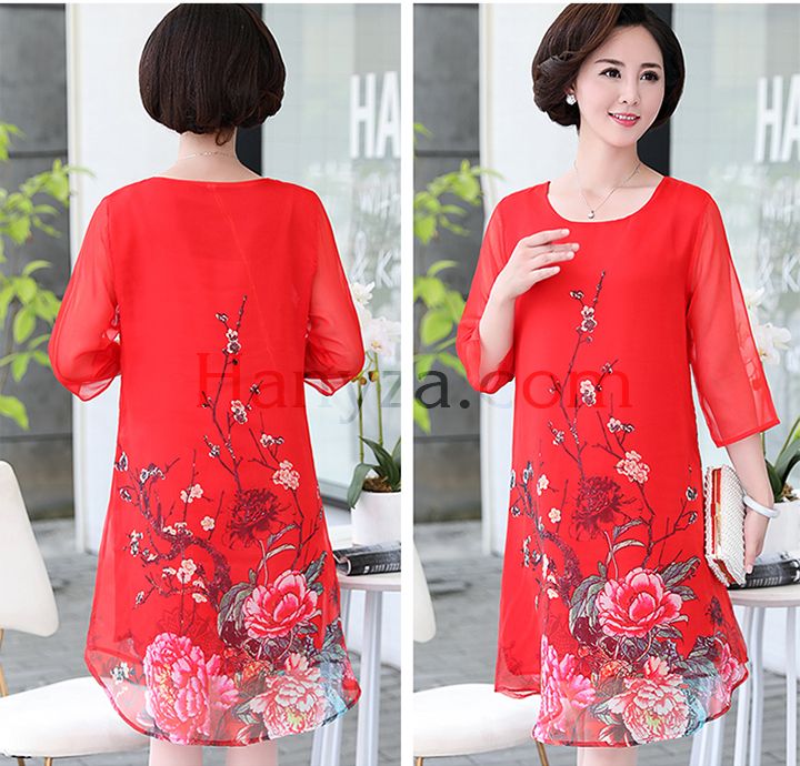 Váy nữ trung niên tay lữ in hoa mẫu đơn