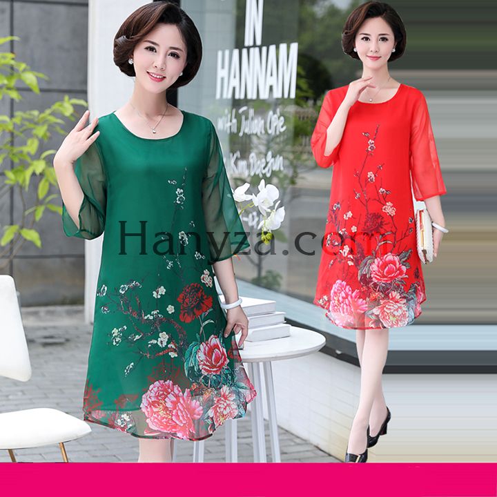 Váy nữ trung niên tay lữ in hoa mẫu đơn