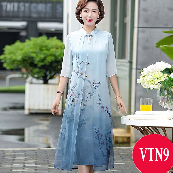 Váy nữ trung niên cổ tàu tay lỡ in hoa mơ