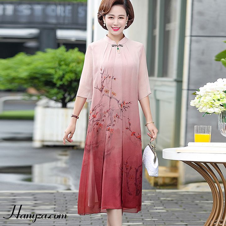 Váy nữ trung niên cổ tàu tay lỡ in hoa mơ