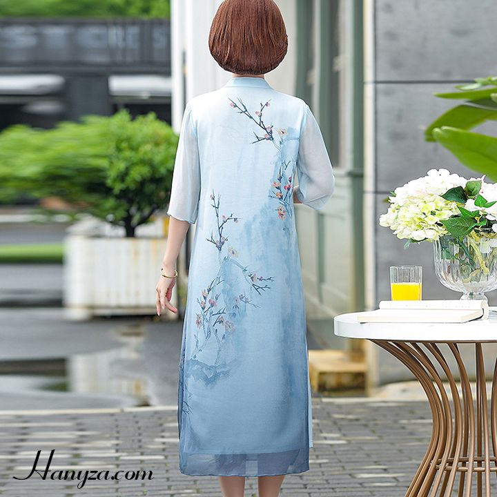 Váy nữ trung niên cổ tàu tay lỡ in hoa mơ