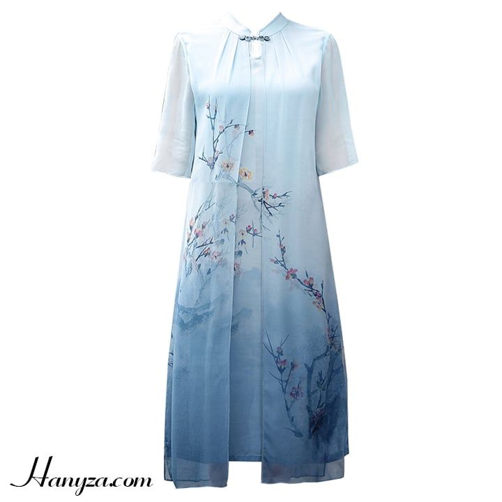 Váy nữ trung niên cổ tàu tay lỡ in hoa mơ