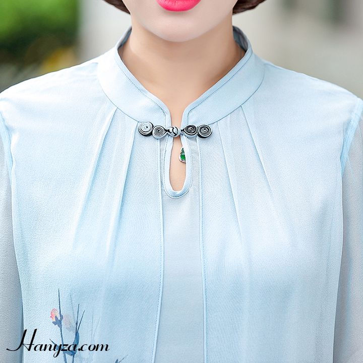 Váy nữ trung niên cổ tàu tay lỡ in hoa mơ