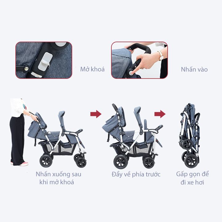 Xe đẩy em bé sinh đôi có giảm sóc và gấp gọn