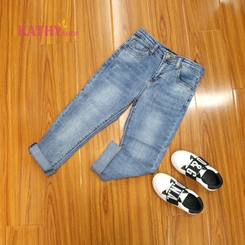 Quần jeans dài xanh ống suông cá tính