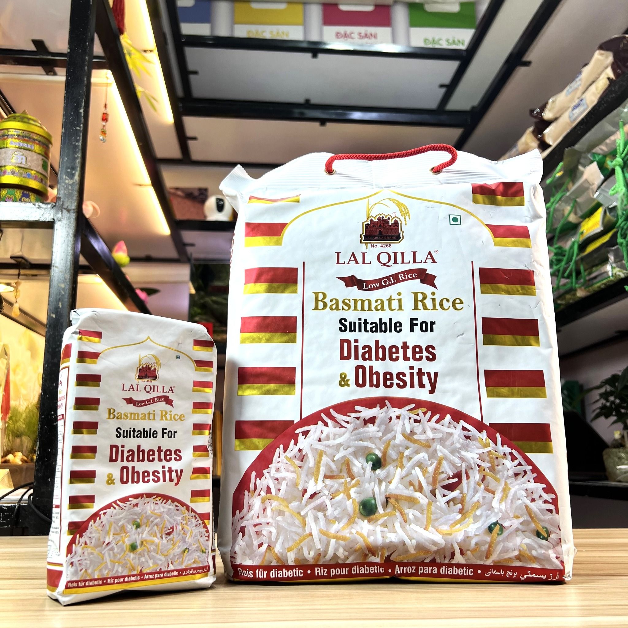 hình ảnh bao bì sản phẩm gạo ấn độ hạt dài basmati hiệu lal qilla low gi túi 1kg và 5kg