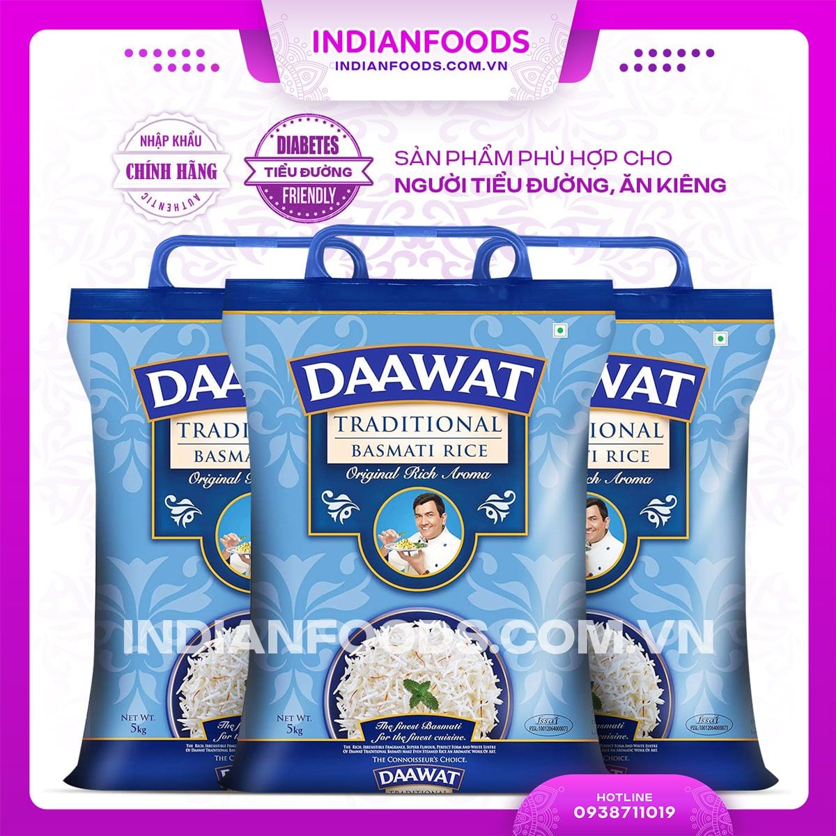 hình ảnh bao bì thực tế sản phẩm gạo basmati ấn độ hạt dài hiệu daawat traditional túi 5kg
