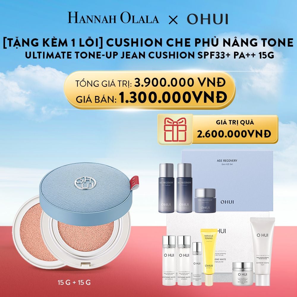  A33_DEAL 26: [TẶNG KÈM 1 LÕI] CUSHION CHE PHỦ NÂNG TONE MỊN MƯỢT OHUI ULTIMATE TONE-UP JEAN CUSHION SPF33+ PA++ 15G 