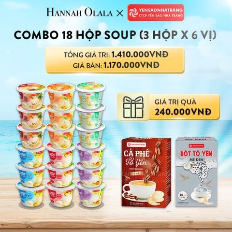  A226_DEAL 01: COMBO 18 HỘP SOUP (3 HỘP X 6 VỊ) GÀ HẦM TÁO ĐỎ + HẢI SẢN + TÔM CUA, BÔNG CẢI, BÓ XÔI, YẾN MẠCH + CÁ HỒI, BÍ ĐỎ, BÔNG CẢI, BÓ XÔI, YẾN MẠCH + BÒ BẰM, KHOAI TÂY, CÀ RỐT, YẾN MẠCH + NẤM RAU CỦ) 