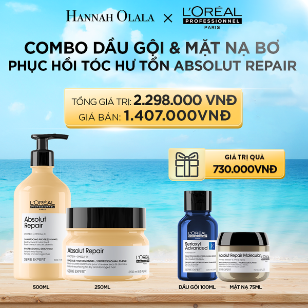  A380_DEAL 2: COMBO DẦU GỘI 500ML & MẶT NẠ BƠ 250ML PHỤC HỒI TÓC HƯ TỔN L'ORÉAL PROFESSIONNEL SERIE EXPERT ABSOLUT REPAIR 