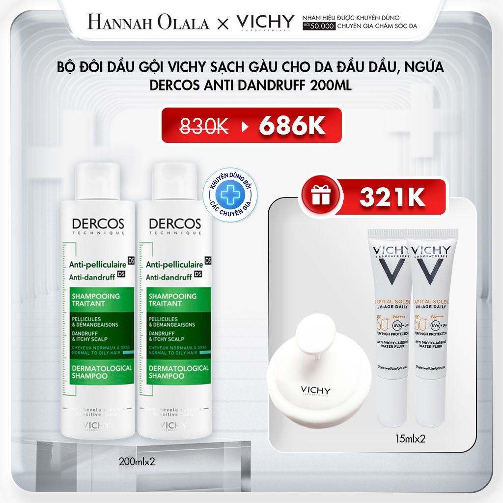  DEAL 2: BỘ ĐÔI 2 DẦU GỘI VICHY SẠCH GÀU CHO DA ĐẦU DẦU, NGỨA DERCOS ANTI DANDRUFF 200ML 