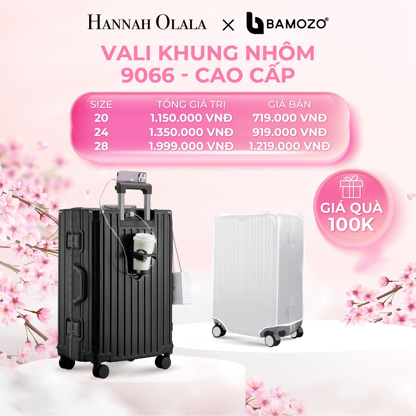  M558_DEAL 1: VALI BAMOZO KHUNG NHÔM 9066 BẢN CAO CẤP TẶNG BỌC VALI TRONG SUỐT 