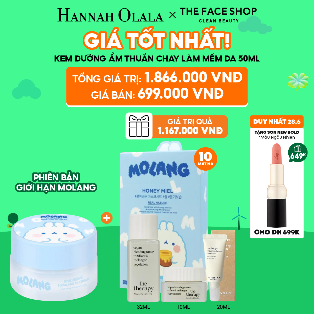  C95_DEAL 8: [DUY NHẤT 28.6] [PHIÊN BẢN GIỚI HẠN X MOLANG] KEM DƯỠNG THUẦN CHAY DƯỠNG ẨM MỀM DA 50ML MUA 1 TẶNG 4 