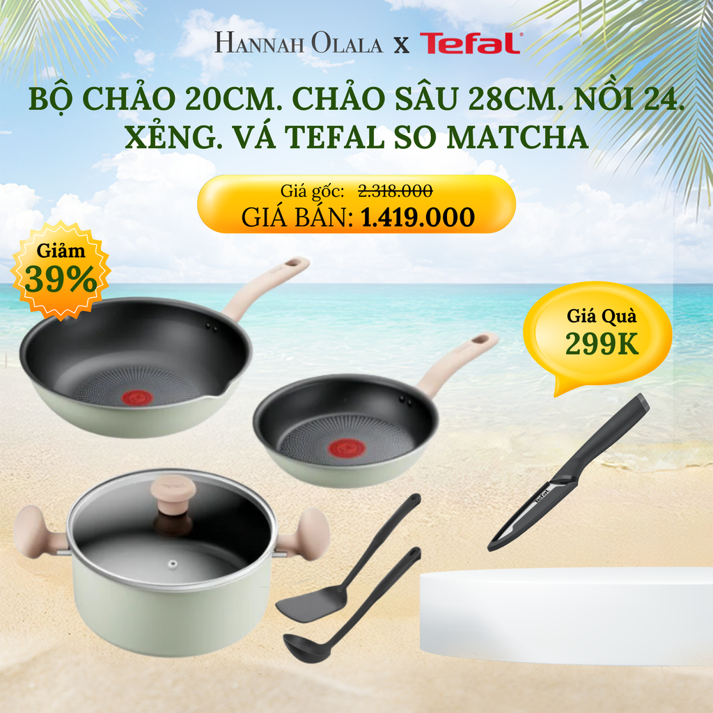  E405_DEAL 7: BỘ CHẢO 20CM. CHẢO SÂU 28CM. NỒI 24. XẺNG. VÁ TEFAL SO MATCHA 