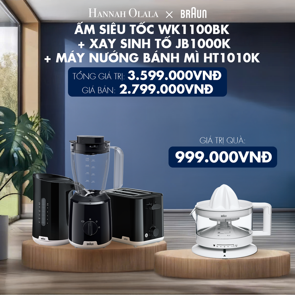  H23_DEAL 11: BRAUN BLACK COLLECTION: ẤM SIÊU TỐC WK1100BK + XAY SINH TỐ JB1000K + MÁY NƯỚNG BÁNH MÌ HT1010K 
