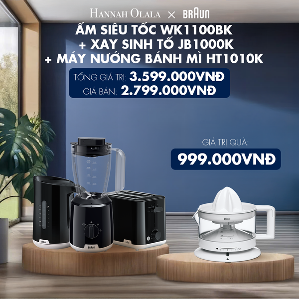  DEAL 11: BRAUN BLACK COLLECTION: ẤM SIÊU TỐC WK1100BK + XAY SINH TỐ JB1000K + MÁY NƯỚNG BÁNH MÌ HT1010K 