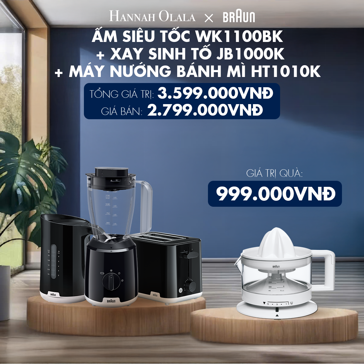  H23_DEAL 11: BRAUN BLACK COLLECTION: ẤM SIÊU TỐC WK1100BK + XAY SINH TỐ JB1000K + MÁY NƯỚNG BÁNH MÌ HT1010K 