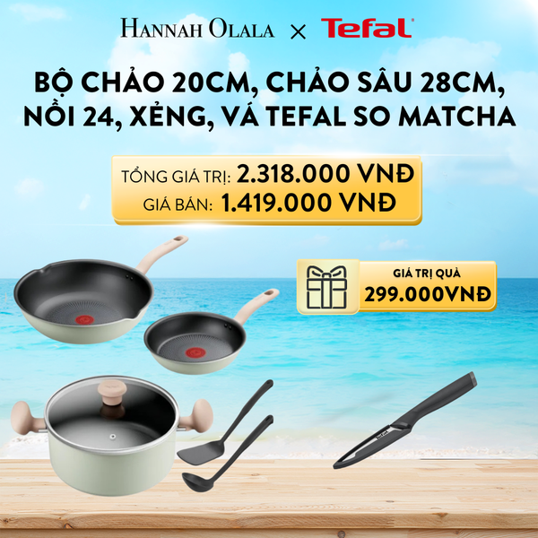  A743_DEAL 9: BỘ CHẢO 20CM, CHẢO SÂU 28CM, NỒI 24, XẺNG, VÁ TEFAL SO MATCHA 
