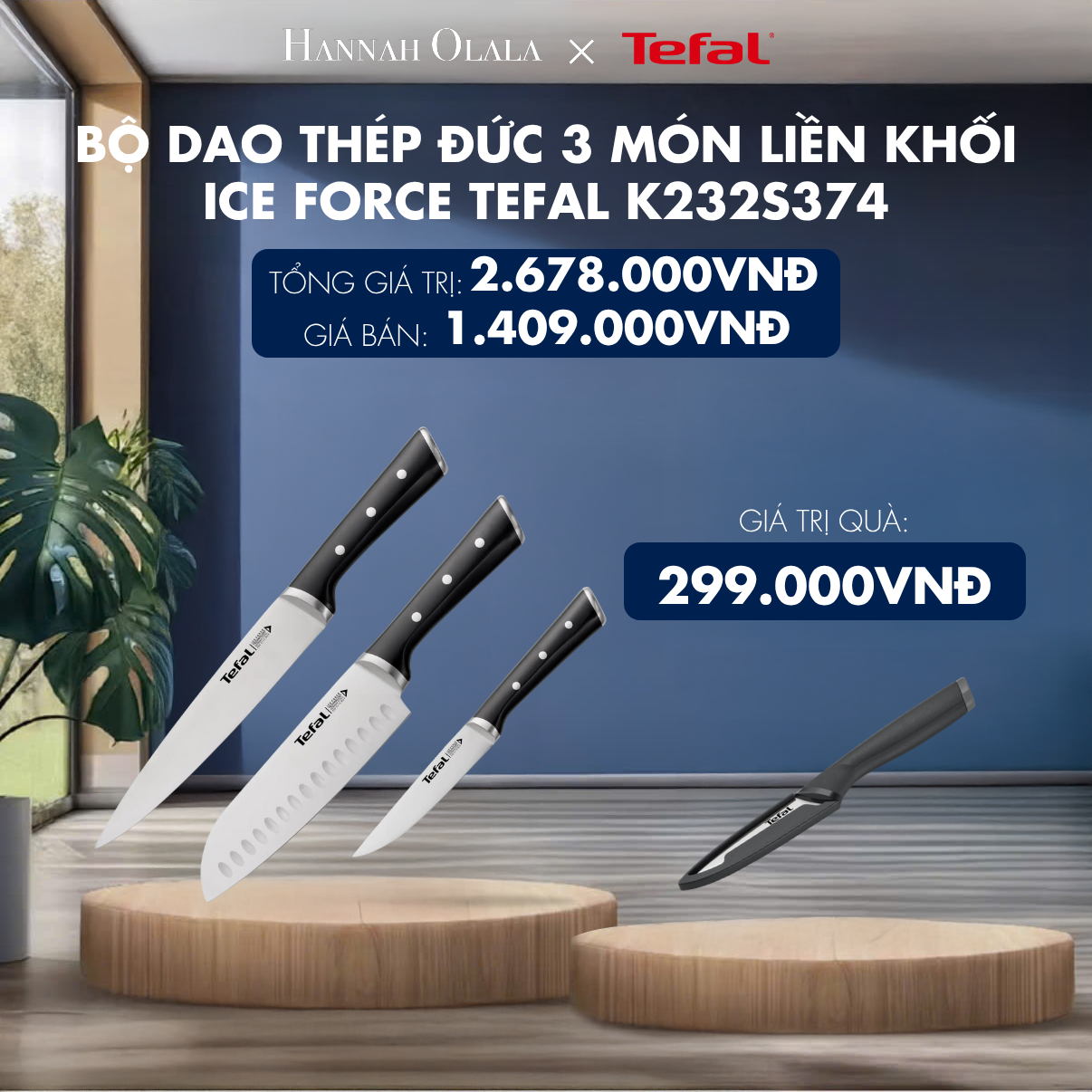  H140_DEAL 14.1: BỘ DAO THÉP ĐỨC 3 MÓN LIỀN KHỐI ICE FORCE TEFAL K232S374, 11CM/18CM/20CM 