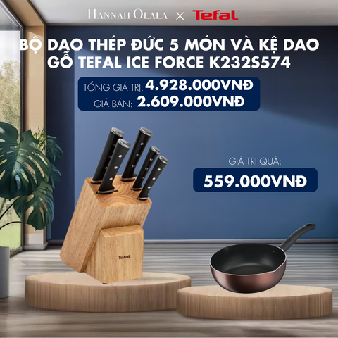  H141_DEAL 14.2: BỘ DAO THÉP ĐỨC 5 MÓN VÀ KỆ DAO GỖ TEFAL ICE FORCE K232S574, 20CM/20CM/18CM/11CM/9CM 