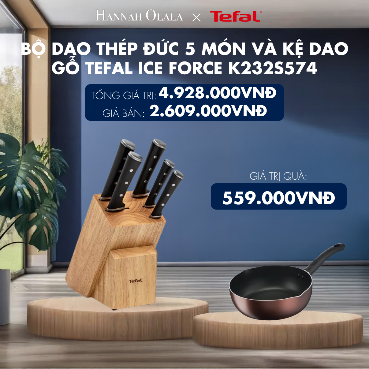  H141_DEAL 14.2: BỘ DAO THÉP ĐỨC 5 MÓN VÀ KỆ DAO GỖ TEFAL ICE FORCE K232S574, 20CM/20CM/18CM/11CM/9CM 