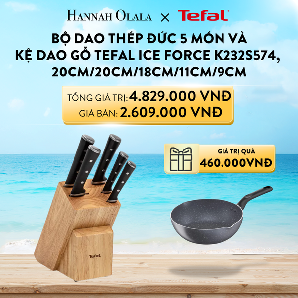  A750_DEAL 15: BỘ DAO THÉP ĐỨC 5 MÓN VÀ KỆ DAO GỖ TEFAL ICE FORCE K232S574, 20CM/20CM/18CM/11CM/9CM 